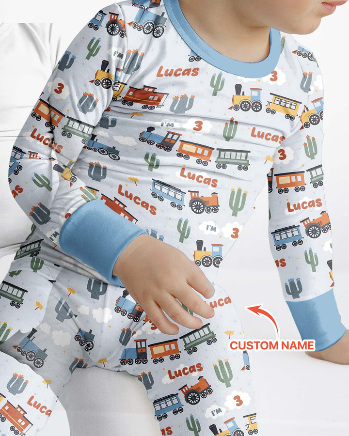 Personalized Train Birthday Bamboo Two Piece Long Sleeve Pajama Set