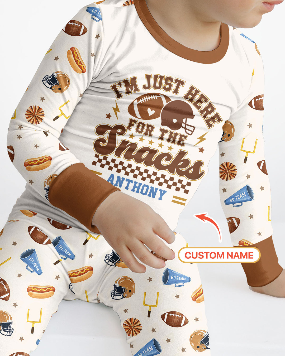 Custom Name Football I'm Just Here For The Snacks Bamboo Two Piece Long Sleeve Pajama Set