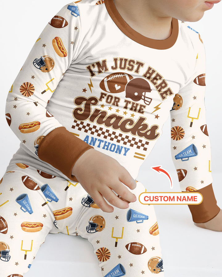 Custom Name Football I'm Just Here For The Snacks Bamboo Two Piece Long Sleeve Pajama Set