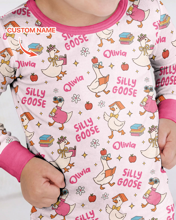 Custom Name Silly Goose Back to School Bamboo Two Piece Long Sleeve Pajama Set