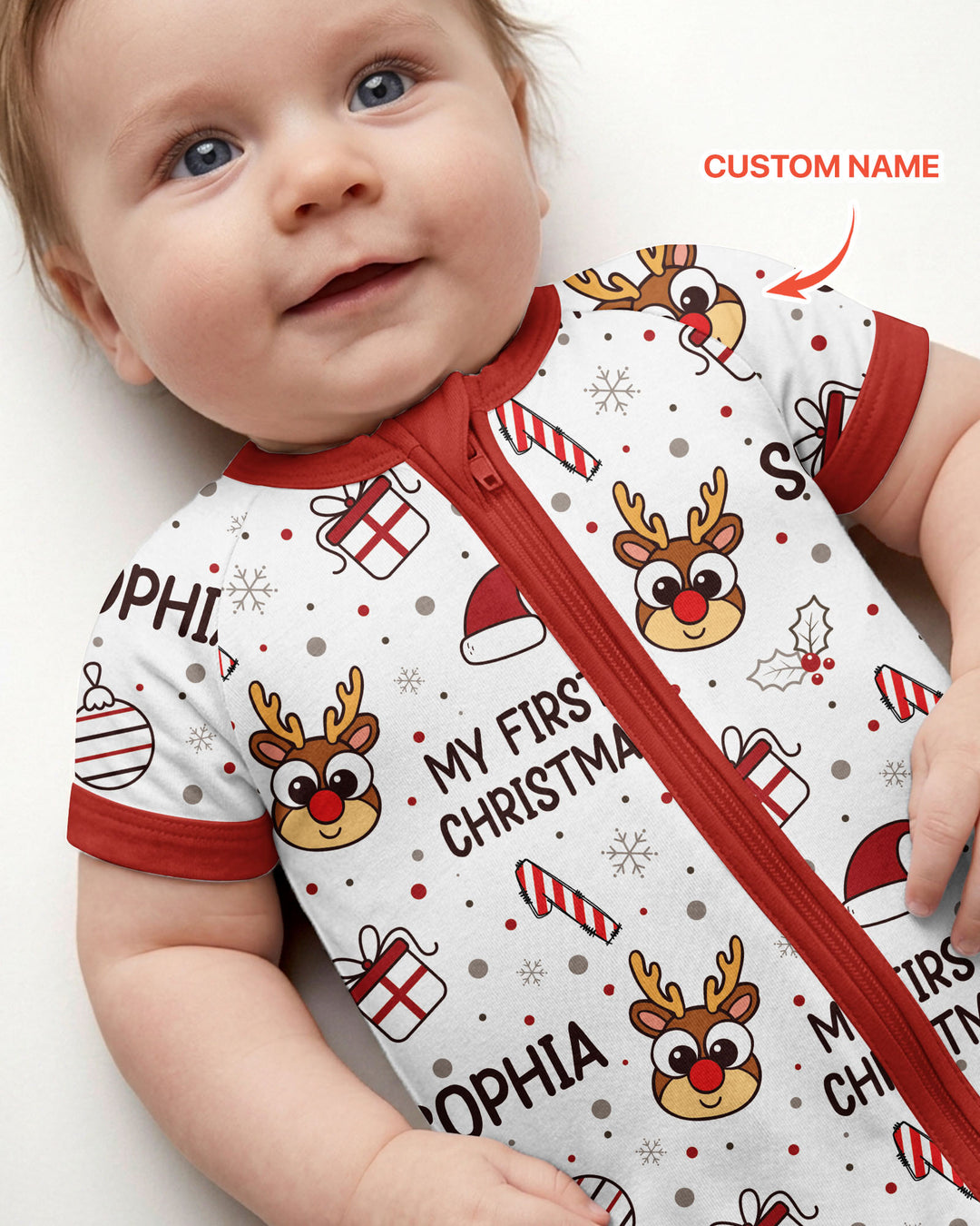 Custom Name Reindeer Doodle My First Christmas Bamboo Shorty Zippy