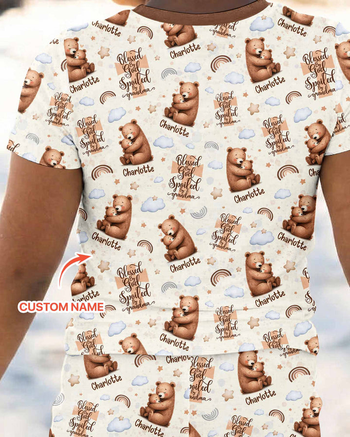 Custom Name Blessed By God Spoiled By Grandma Bamboo Two Piece Short Sleeve Pajama Set