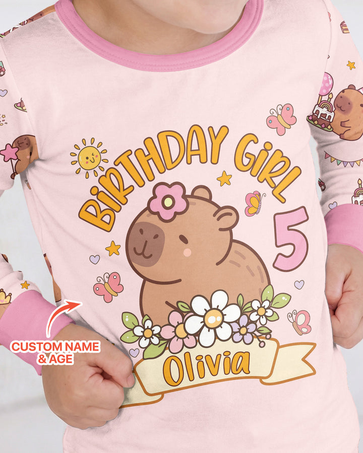 Personalized Capy Birthday Girl Bamboo Two Piece Long Sleeve Pajama Set