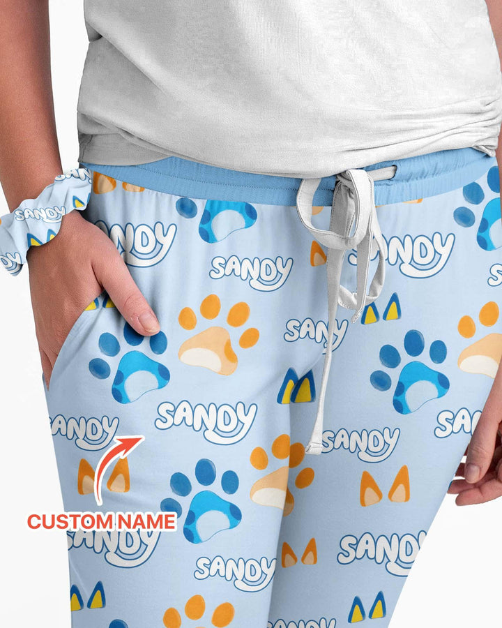 Benutzerdefinierter Name Lieblings-blaue Hunde-Familien-Pyjama-Set aus Bambus für Damen