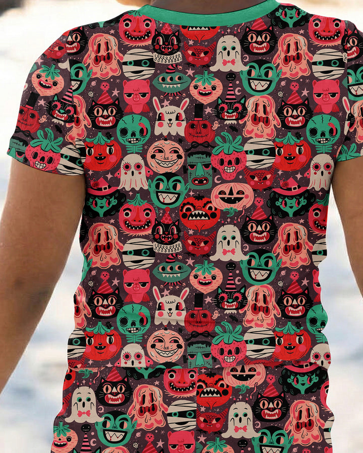 Retro Halloween Monsters Ghost Pumpkin Mummy Bamboo Two Piece Short Sleeve Pajama Set