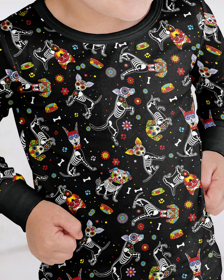 Sugar Skull Día de los Muertos Halloween Dog Mexican Bamboo Two Piece Long Sleeve Pajama Set