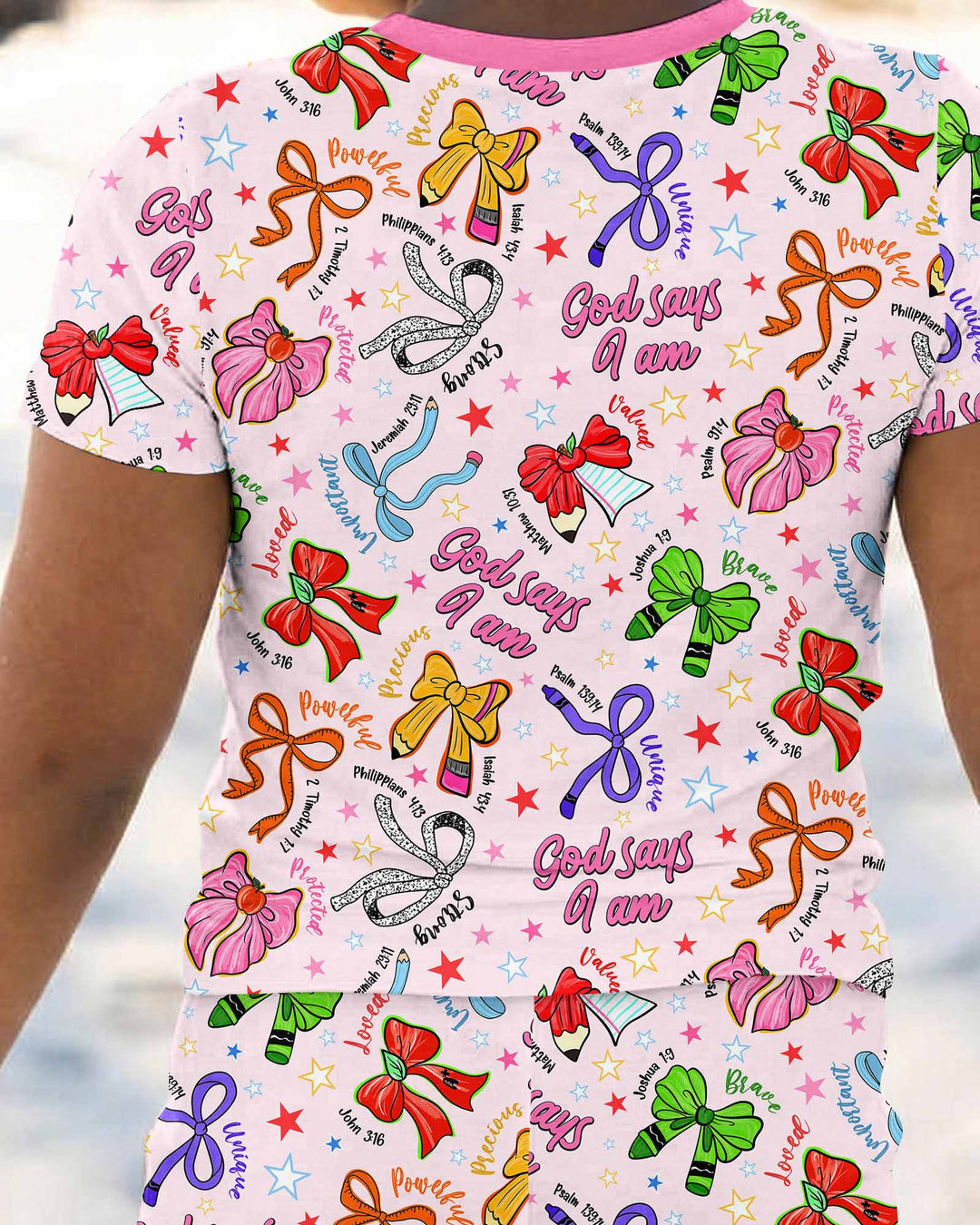 Pencil Bows God Says I Am Bamboo Two Piece Short Sleeve Pajama Set