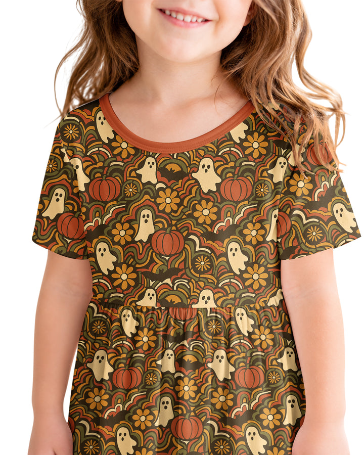 Retro Halloween Ghost Pumpkin Floral Bamboo Twirl Dress