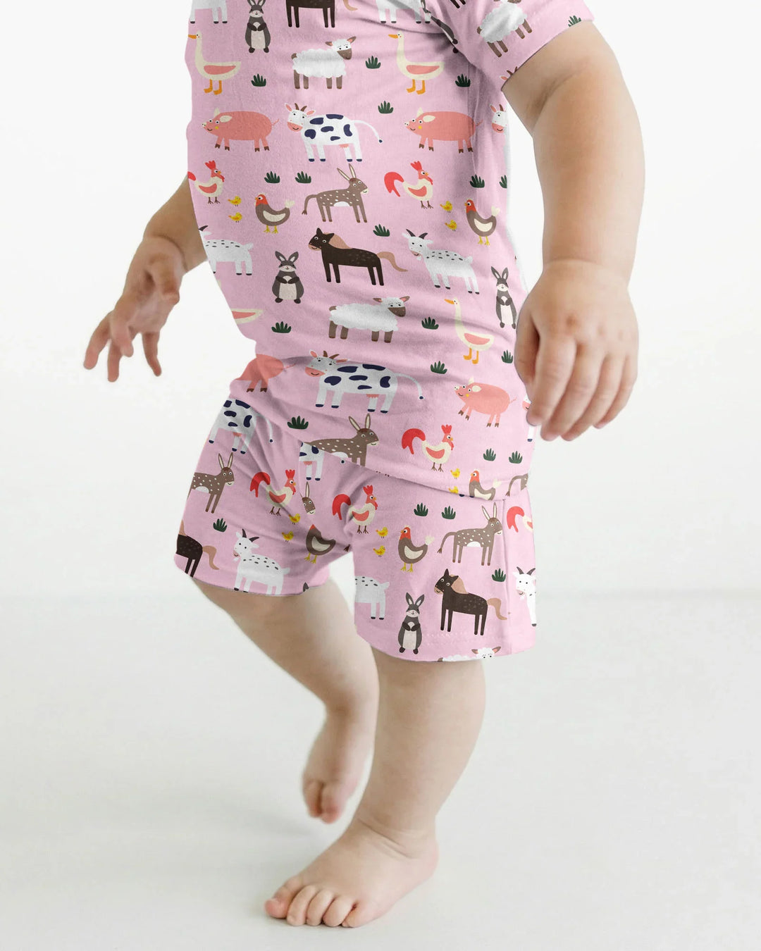 Pink Farm Animals Bamboo Two Piece Short Sleeve Shorts Pajama Set