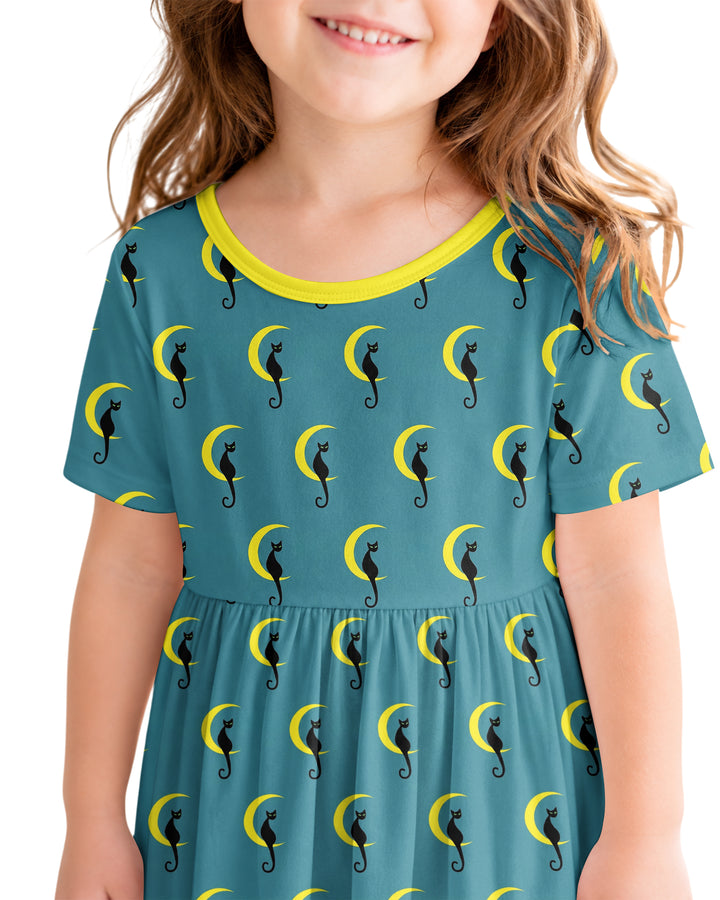 Black Cat Crescent Moon Celestial Night Bamboo Twirl Dress