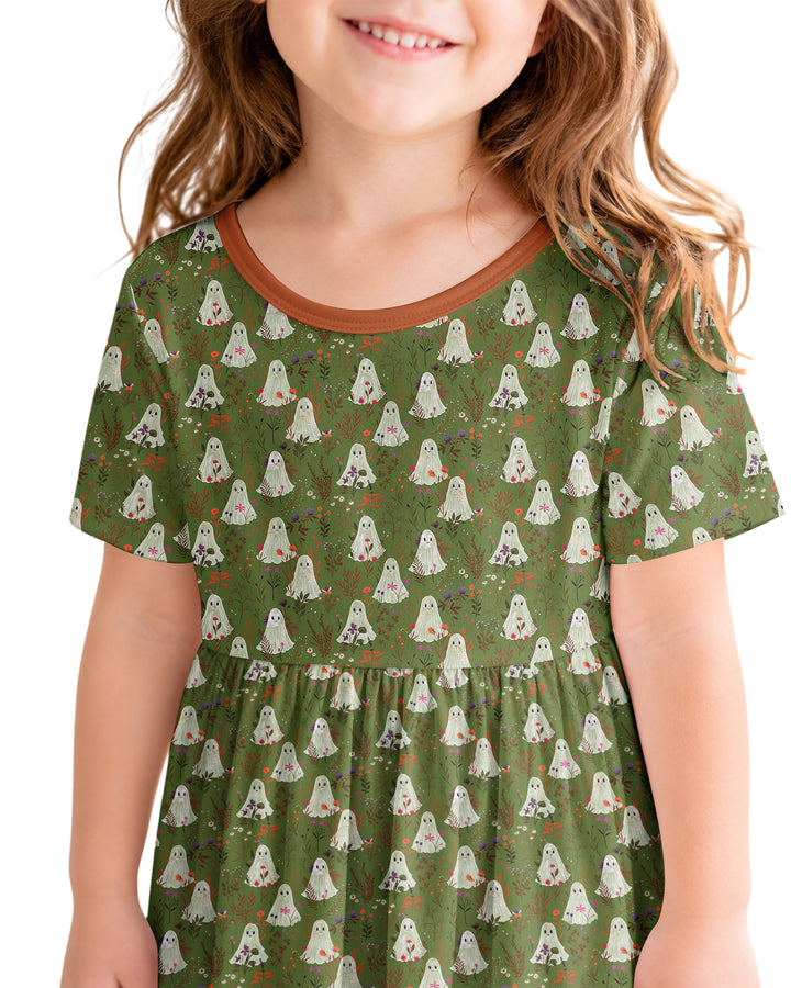 Cute Ghost Halloween Moss Green Floral Bamboo Twirl Dress