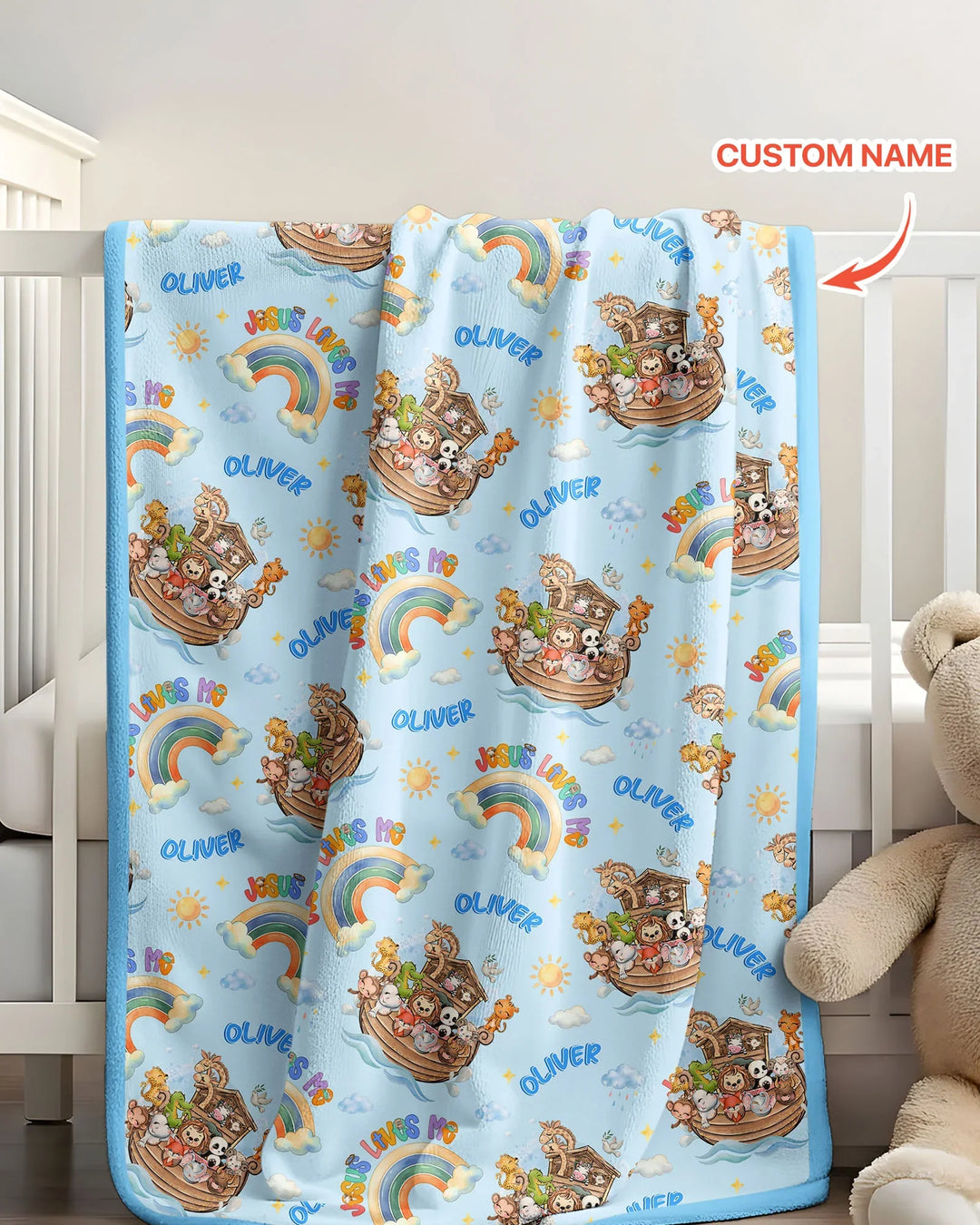 Custom Name Jesus Loves Me Noah's Ark Bamboo Blanket