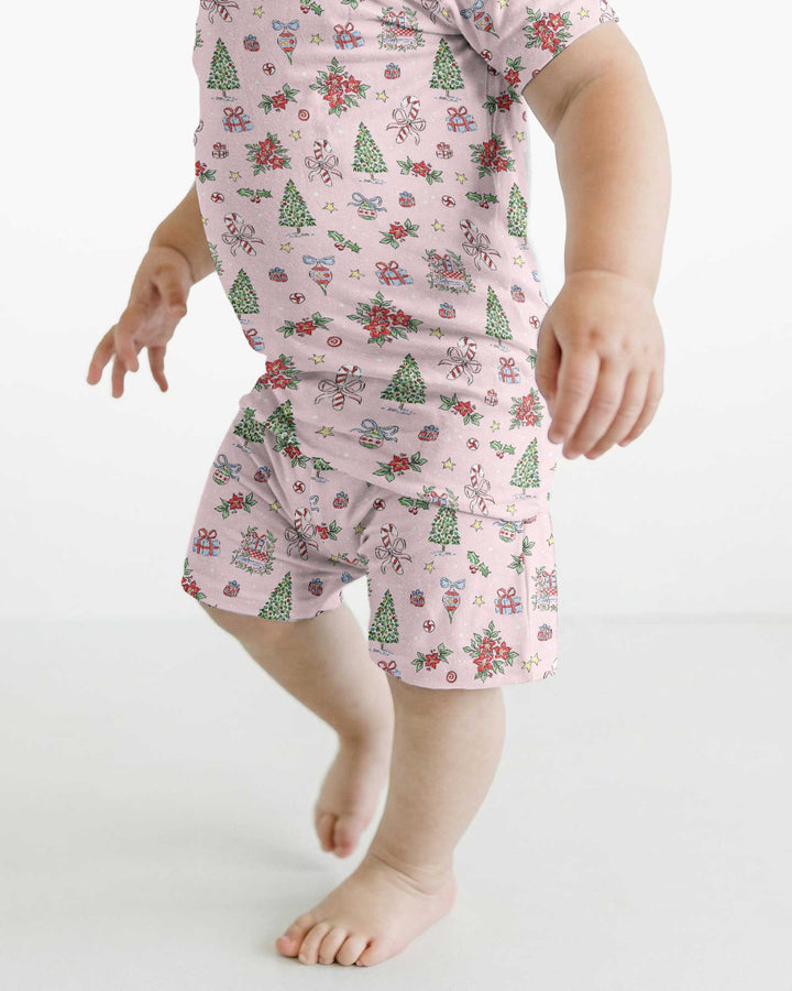 Watercolor Pink Christmas Holidays Christmas Tree Gifts Candy Cane Bamboo Two Piece Short Sleeve Shorts Pajama Set