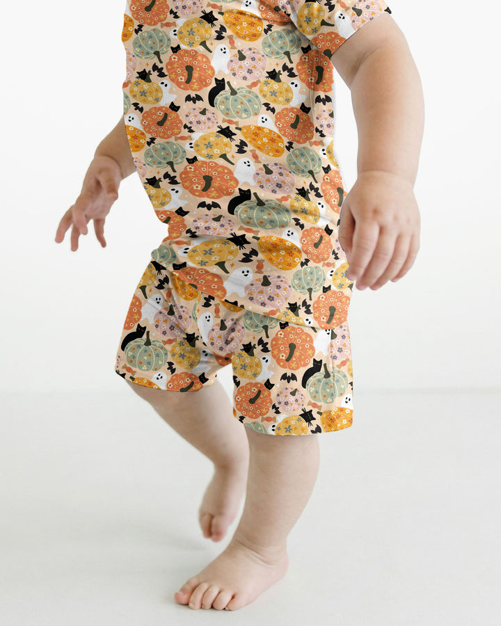 Floral Pumpkin Ghost Halloween Bamboo Two Piece Short Sleeve Shorts Pajama Set