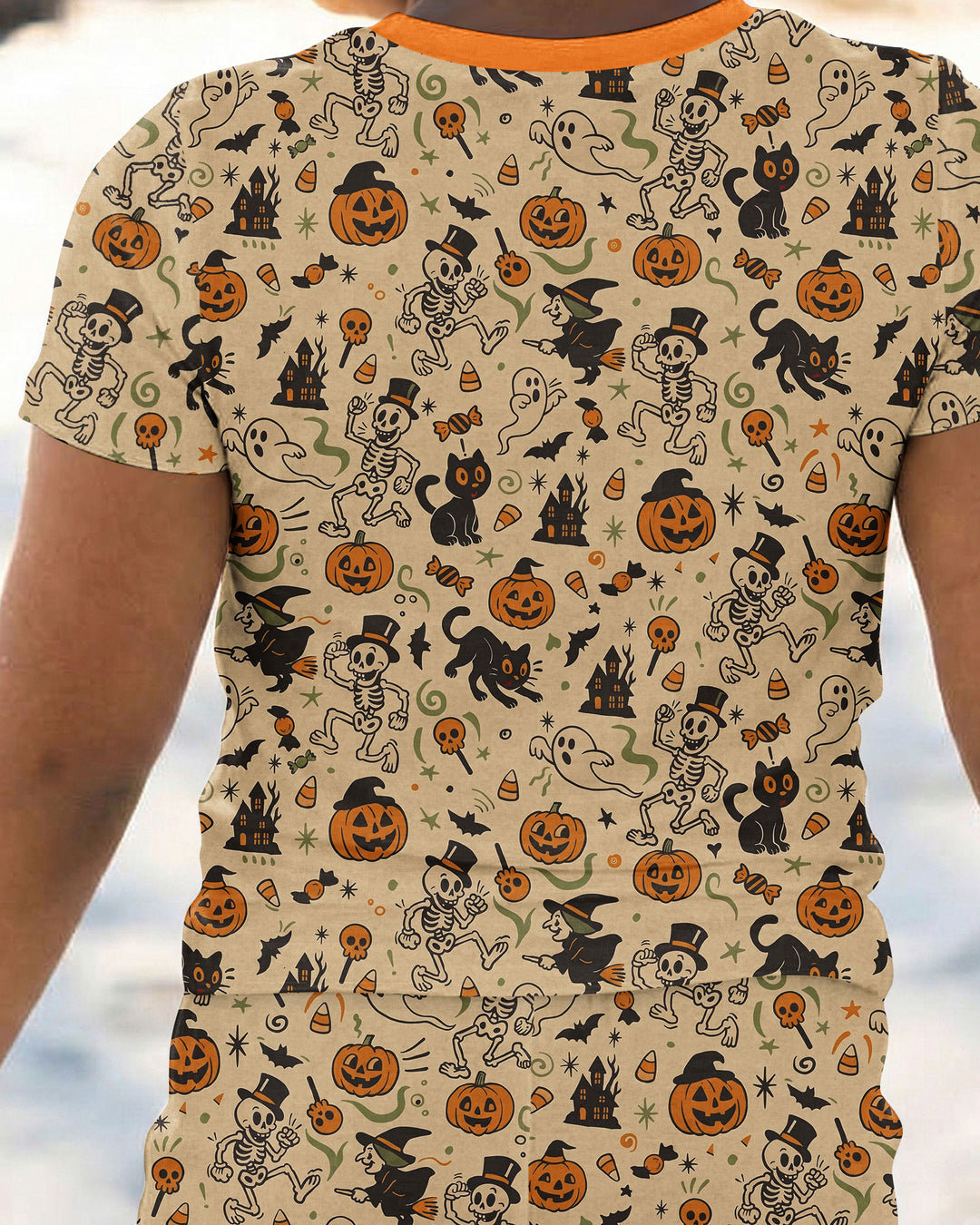 Vintage Skeleton Pumpkin Halloween Bamboo Two Piece Short Sleeve Pajama Set