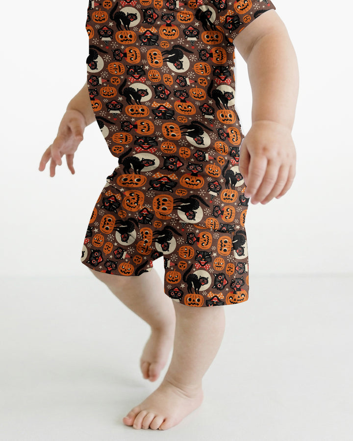Vintage Halloween Black Cat Pumpkin Bamboo Two Piece Short Sleeve Shorts Pajama Set