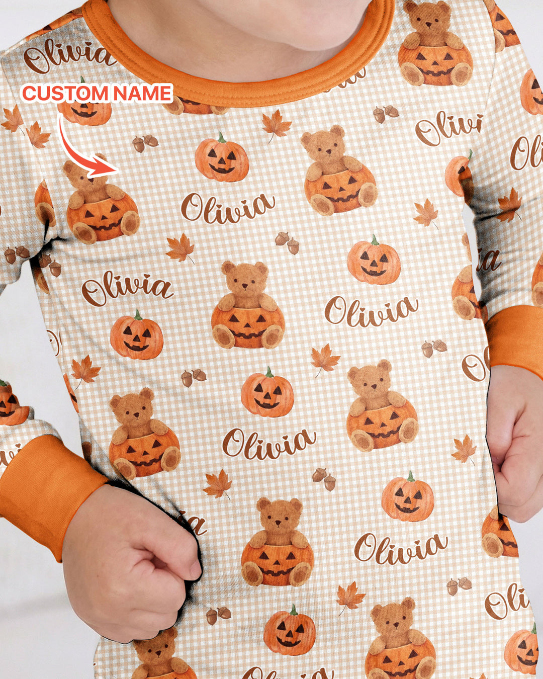 Custom Name Pumpkin Teddy Bamboo Two Piece Long Sleeve Pajama Set