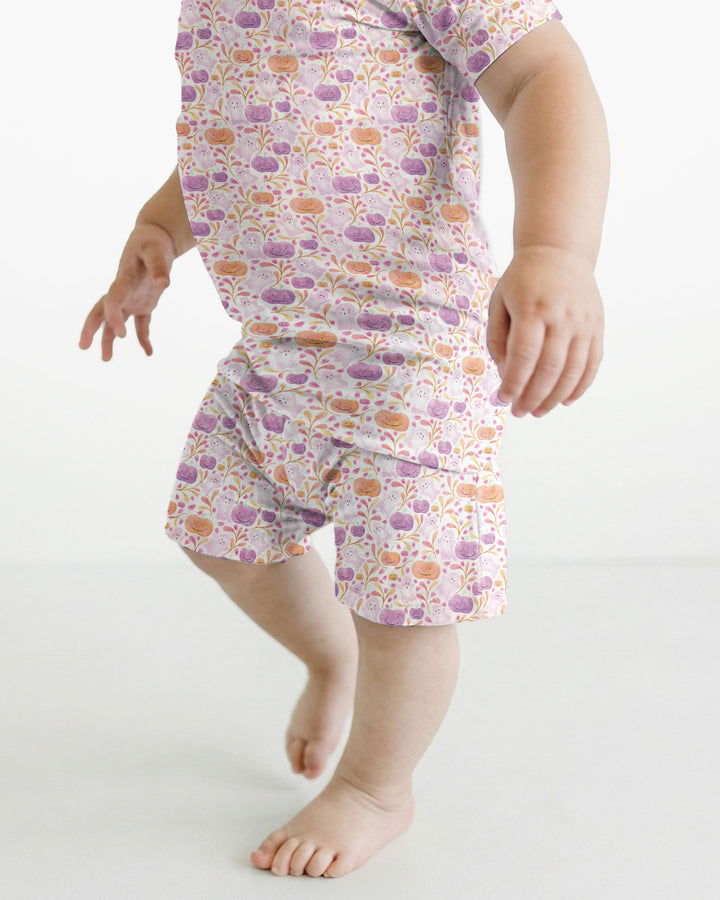 Pastel Pumpkins and Ghosts Bamboo Two Piece Short Sleeve Shorts Pajama Set
