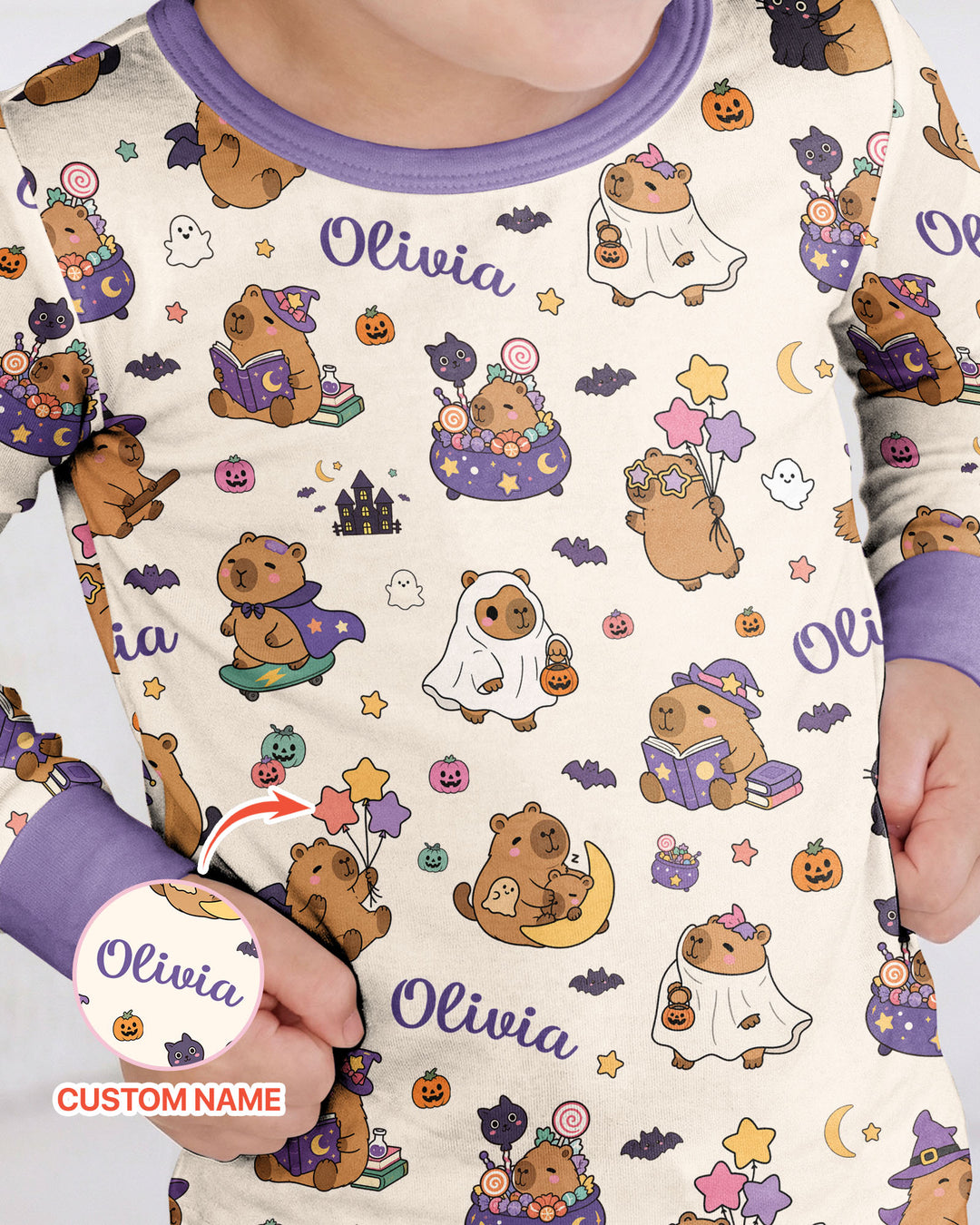 Custom Name Kawaii Halloween Capybara Bamboo Two Piece Long Sleeve Pajama Set