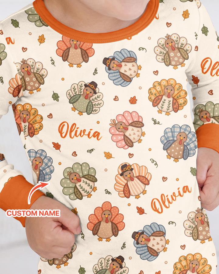 Custom Name Boho Turkey Bamboo Two Piece Long Sleeve Pajama Set