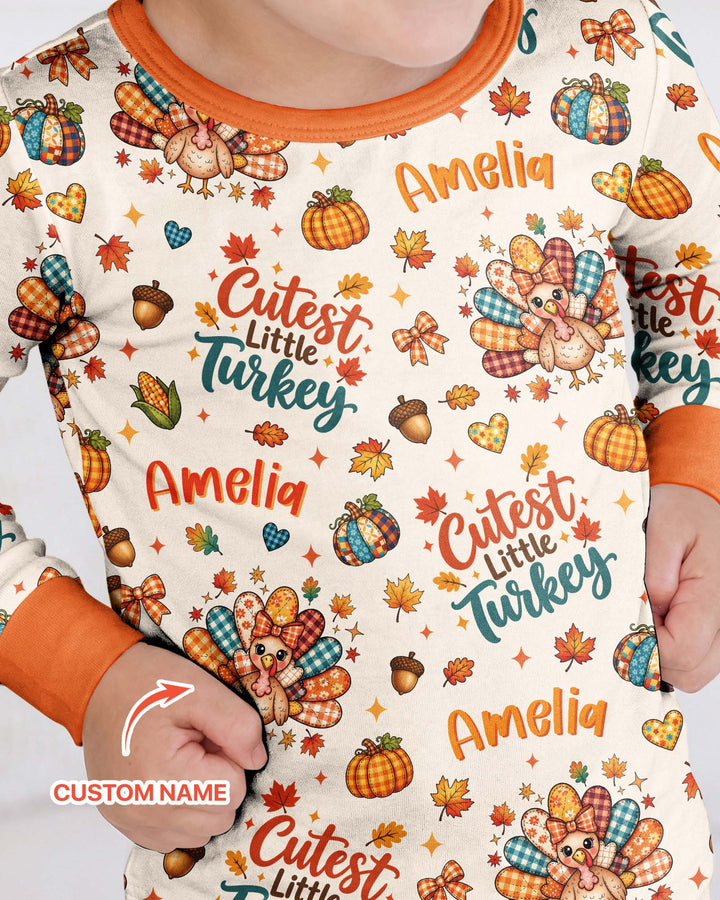 Custom Name Cutest Little Turkey Bamboo Two Piece Long Sleeve Pajama Set