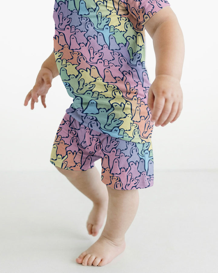 Pastel Rainbow Ghost Halloween Bamboo Two Piece Short Sleeve Shorts Pajama Set