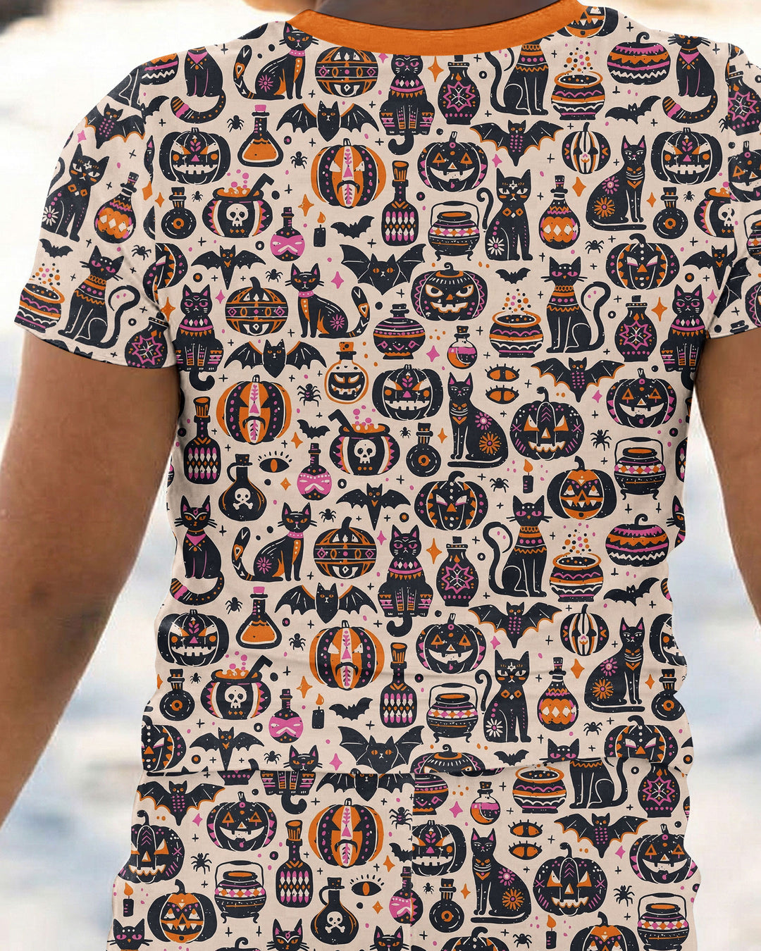 Whimsical Tribal Retro Halloween Black Cats Pumpkins Bamboo Two Piece Short Sleeve Pajama Set