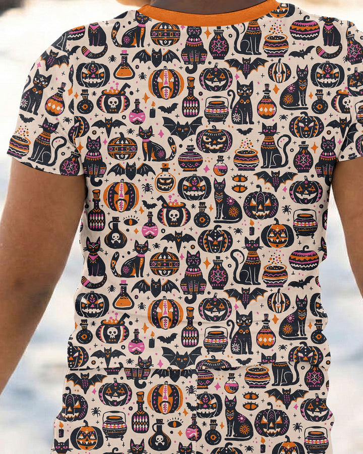Whimsical Tribal Retro Halloween Black Cats Pumpkins Bamboo Two Piece Short Sleeve Pajama Set