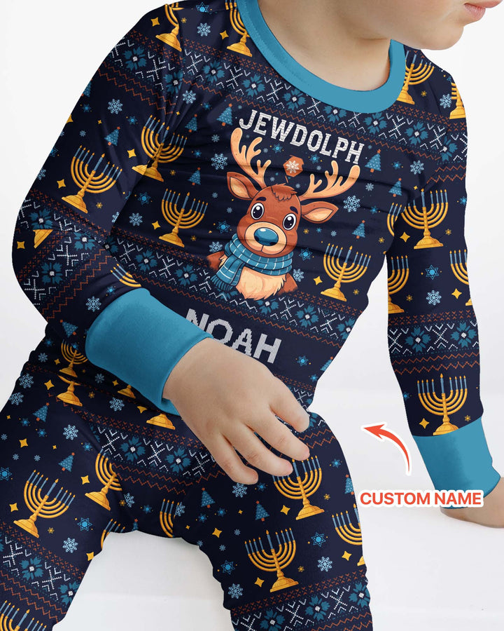Custom Name Jewdolph Hanukkah Bamboo Two Piece Long Sleeve Pajama Set