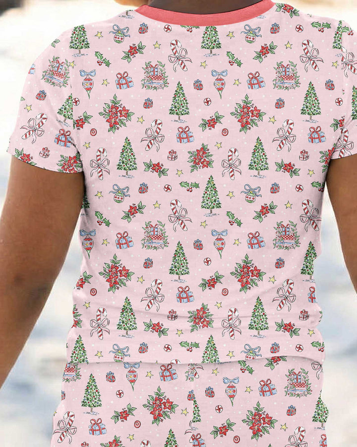 Watercolor Pink Christmas Holidays Christmas Tree Gifts Candy Cane Bamboo Two Piece Short Sleeve Pajama Set