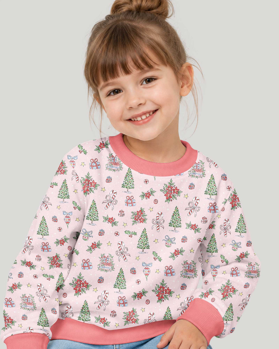 Watercolor Pink Christmas Holidays Christmas Tree Gifts Candy Cane Bamboo Crewneck Sweatshirt
