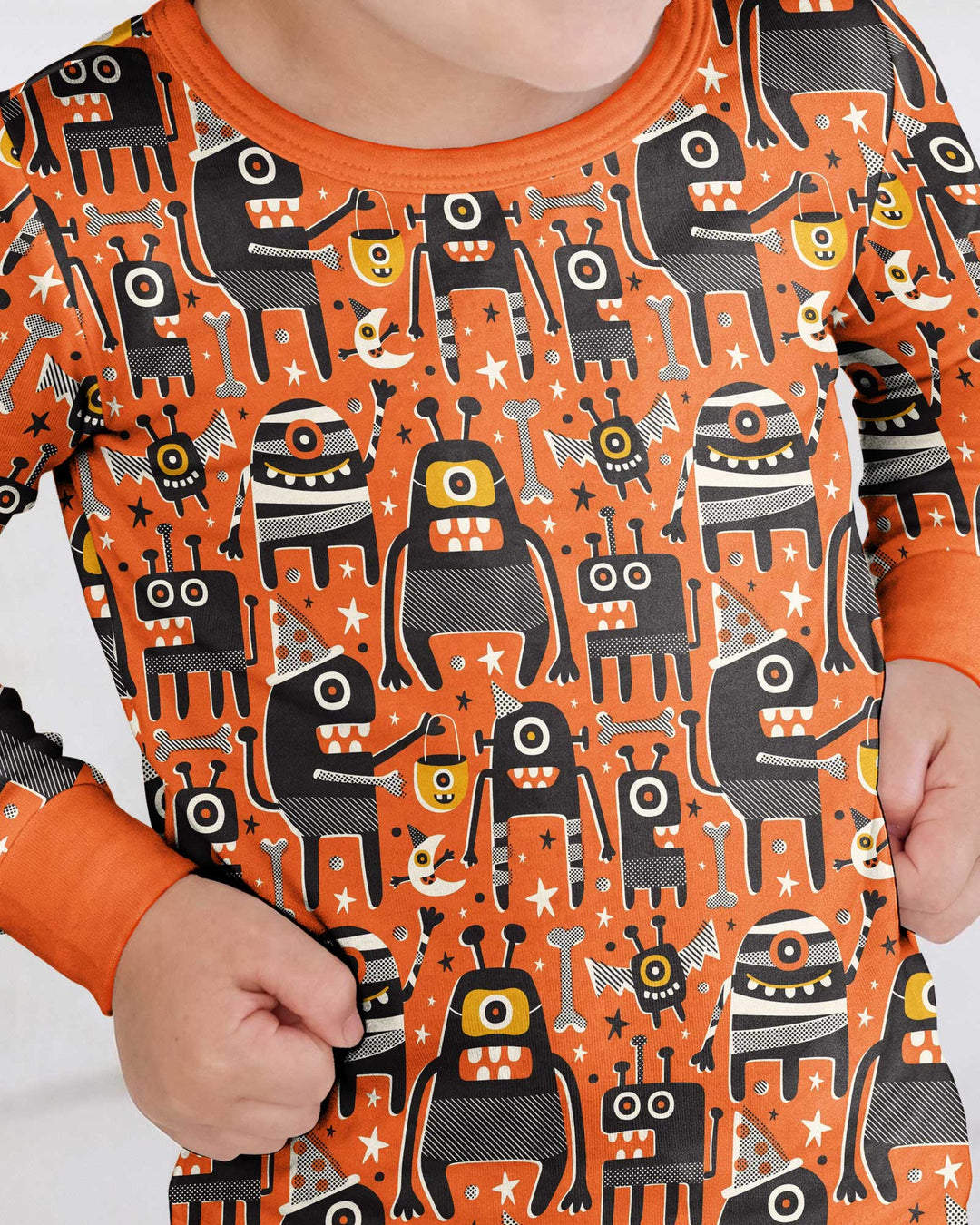 Mid Century Halloween Monster Toss Bamboo Two Piece Long Sleeve Pajama Set