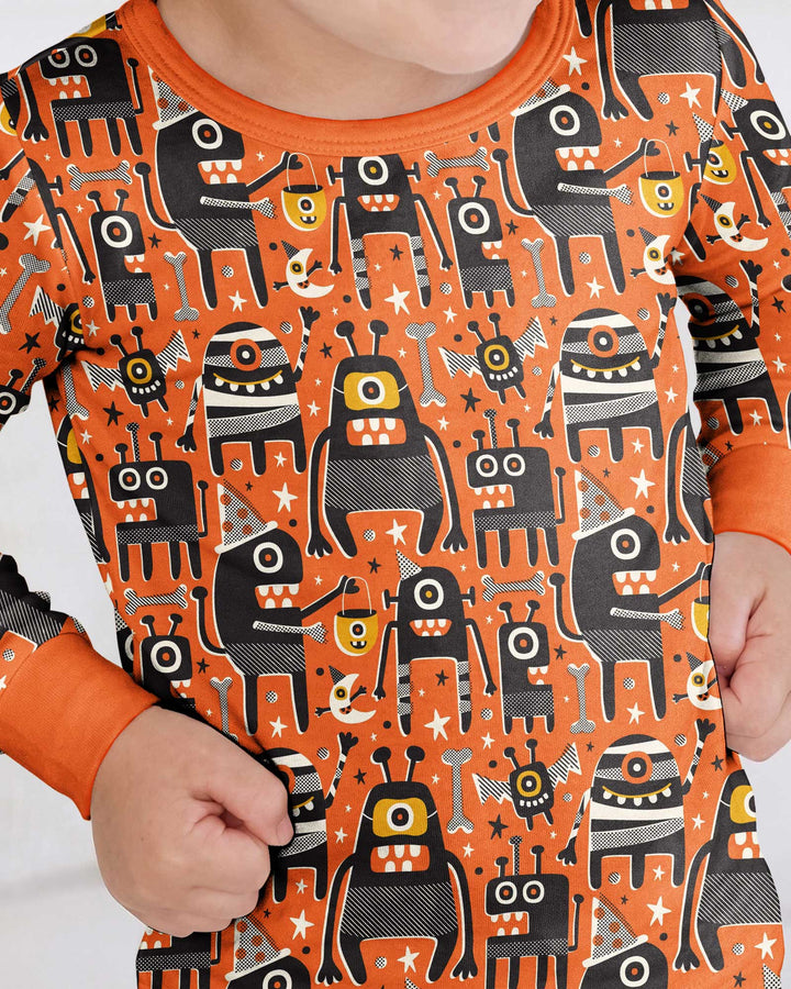 Mid Century Halloween Monster Toss Bamboo Two Piece Long Sleeve Pajama Set