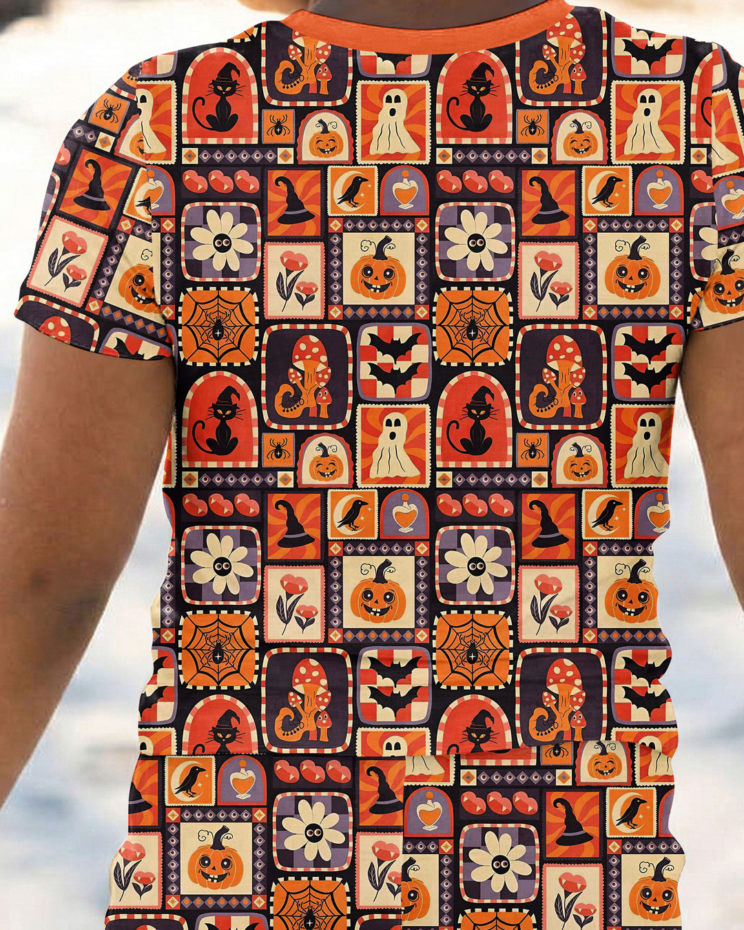 Retro Halloween Patchwork Icons Bamboo Two Piece Short Sleeve Pajama Set