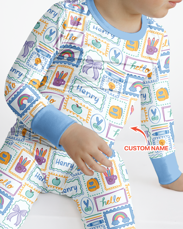 Custom Name Hello School Bamboo Two Piece Long Sleeve Pajama Set
