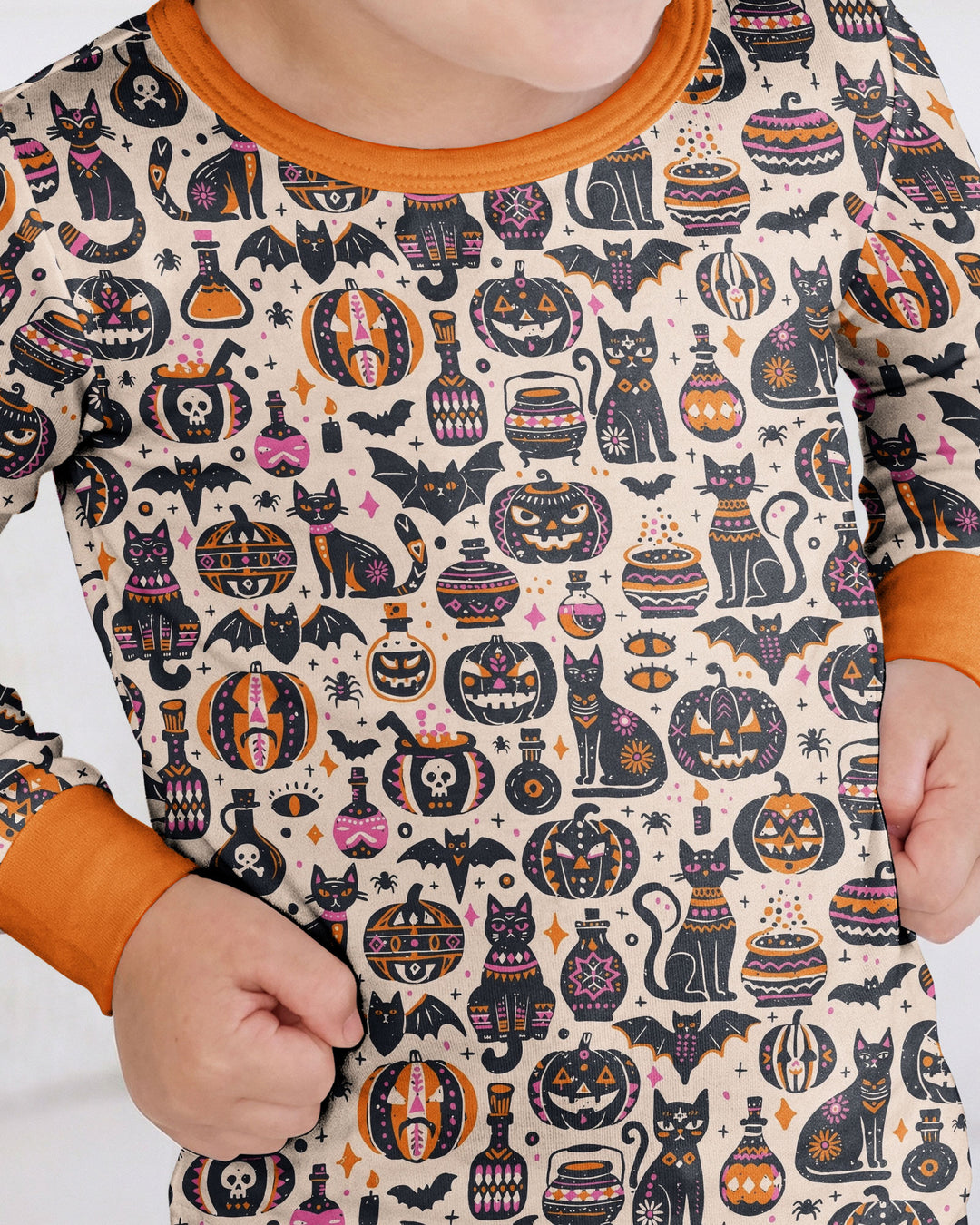 Whimsical Tribal Retro Halloween Black Cats Pumpkins Bamboo Two Piece Long Sleeve Pajama Set