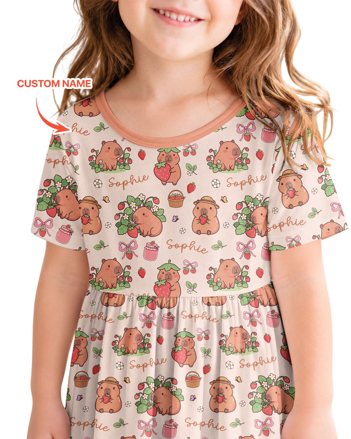 Custom Name Capybara Strawberry Bamboo Twirl Dress