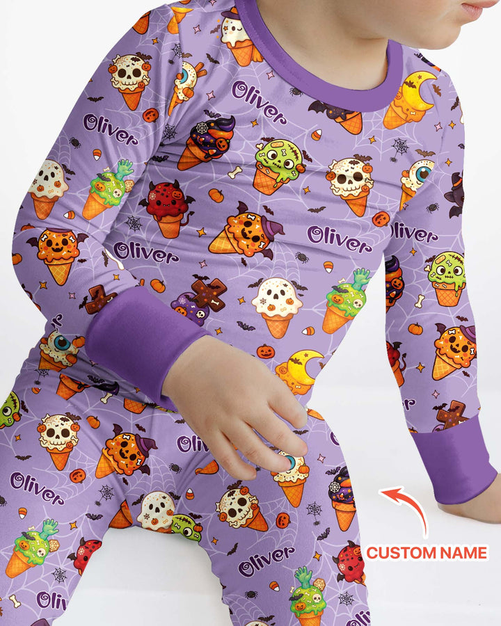 Custom Name Halloween Ice Cream Bamboo Two Piece Long Sleeve Pajama Set