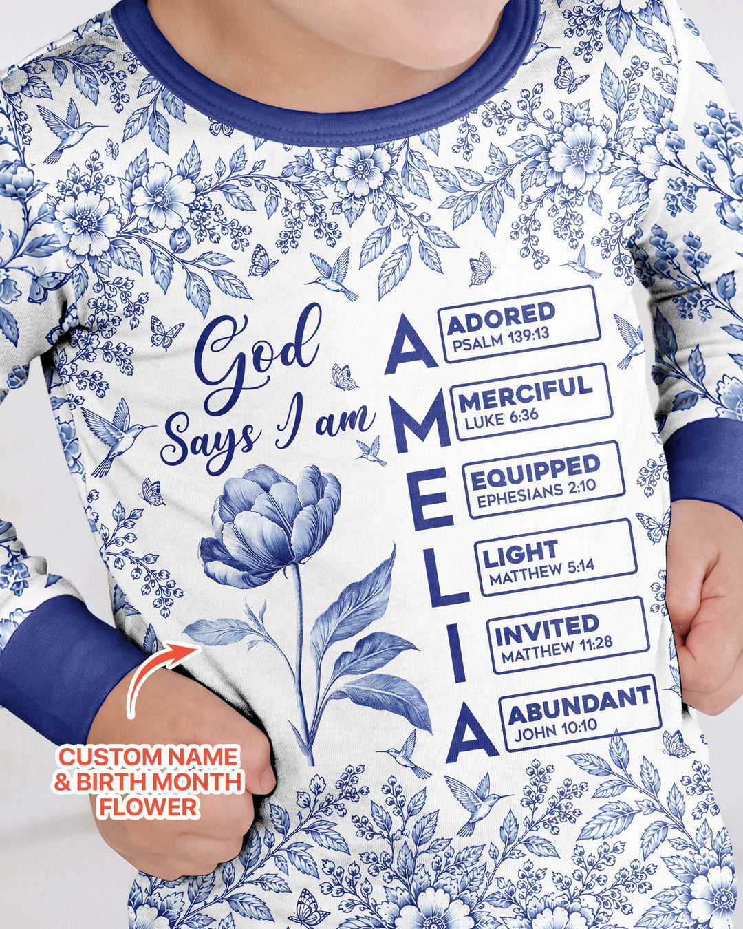 God Says I Am Letter In Bible Birth Flower Toile De Jouy  Bamboo Two Piece Long Sleeve Pajama Set