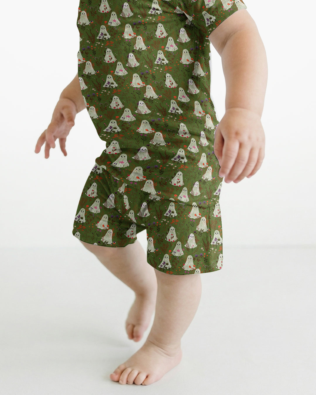 Cute Ghost Halloween Moss Green Floral Bamboo Two Piece Short Sleeve Shorts Pajama Set