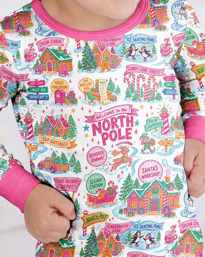 Welcome To North Pole Village Pink Christmas Bamboo Two Piece Long Sleeve Pajama Set
