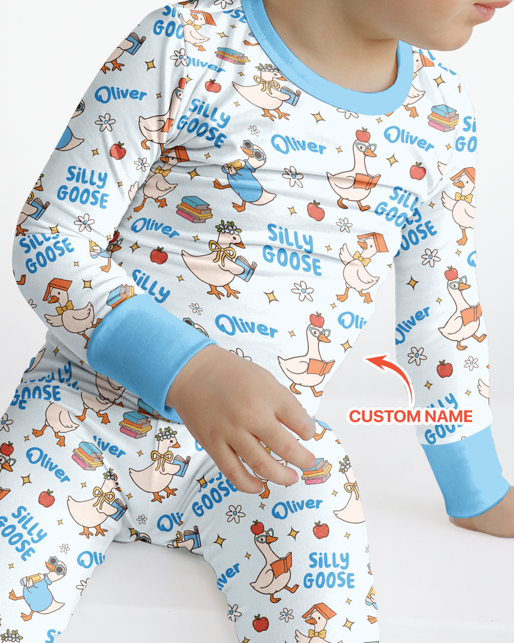 Custom Name Silly Goose Back to School Bamboo Two Piece Long Sleeve Pajama Set