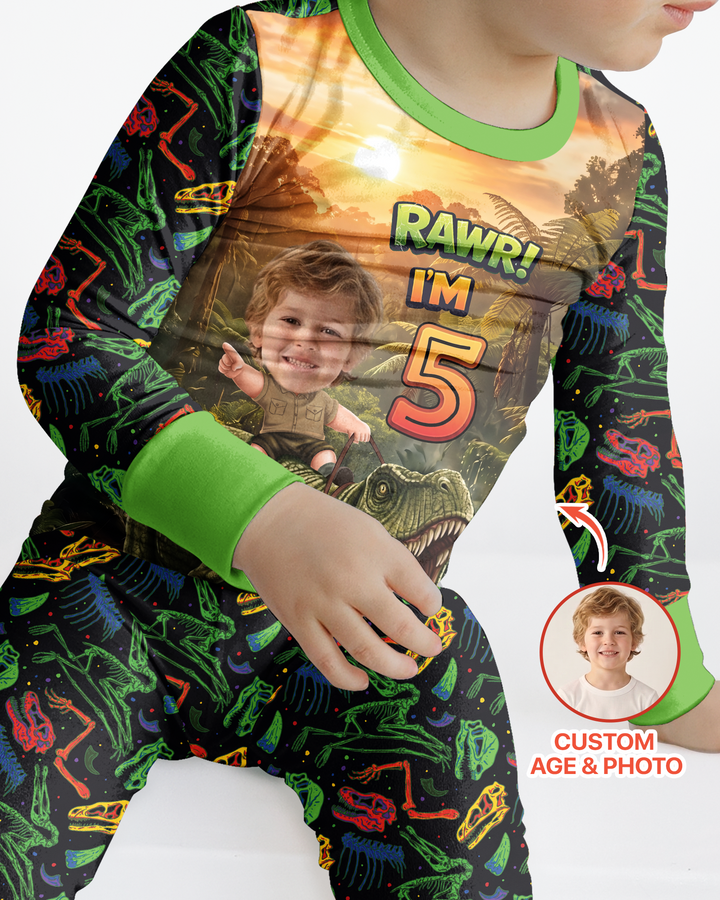Custom Photo Dino Rawr Birthday Bamboo Two Piece Long Sleeve Pajama Set