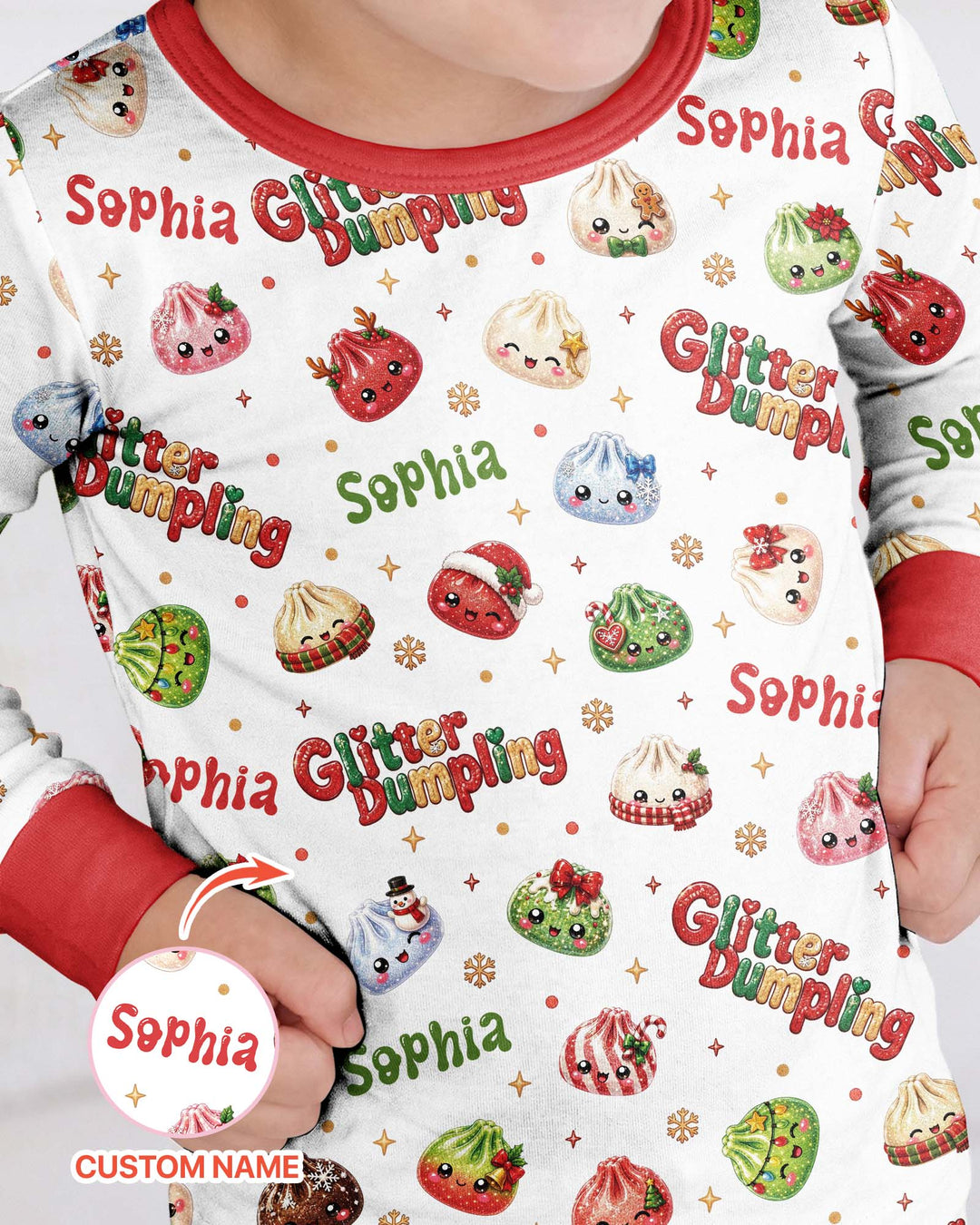 Custom Name Glitter Christmas Dumpling  Bamboo Two Piece Long Sleeve Pajama Set
