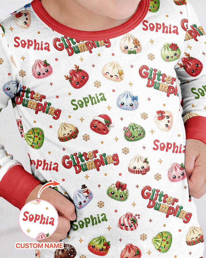 Custom Name Glitter Christmas Dumpling  Bamboo Two Piece Long Sleeve Pajama Set