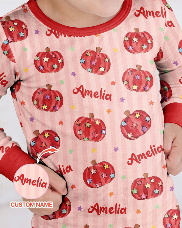 Colorful Star Pumpkin Custom Name Bamboo Two Piece Long Sleeve Pajama Set