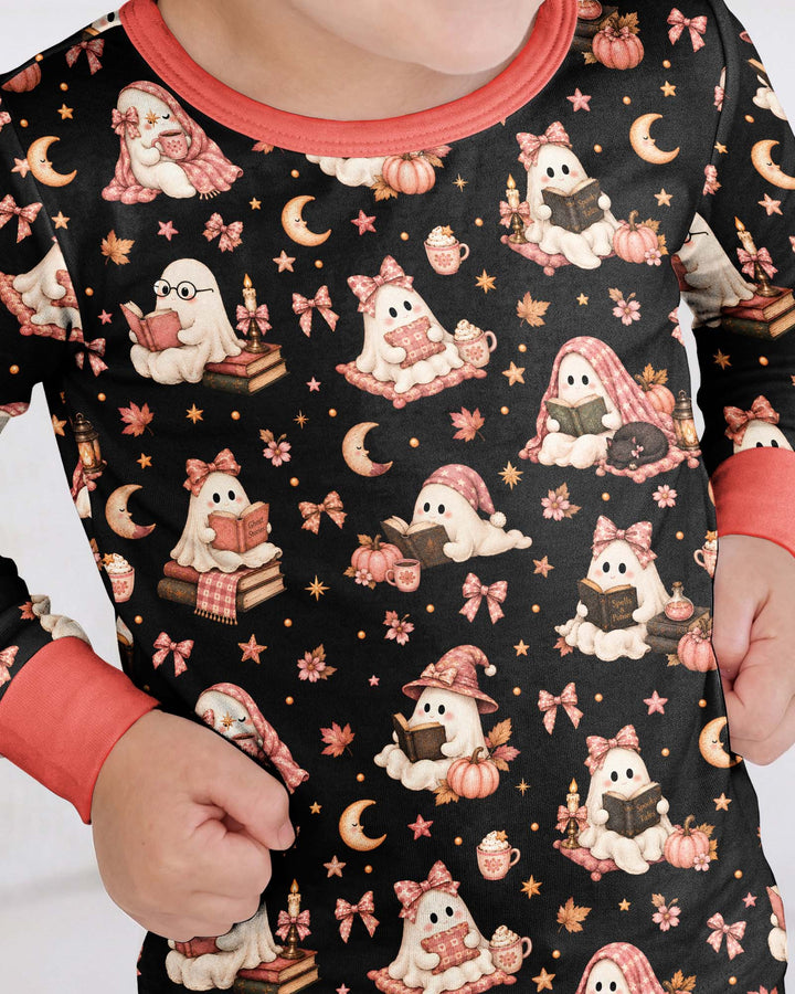 Coquette Bookish Ghost Halloween Bamboo Two Piece Long Sleeve Pajama Set