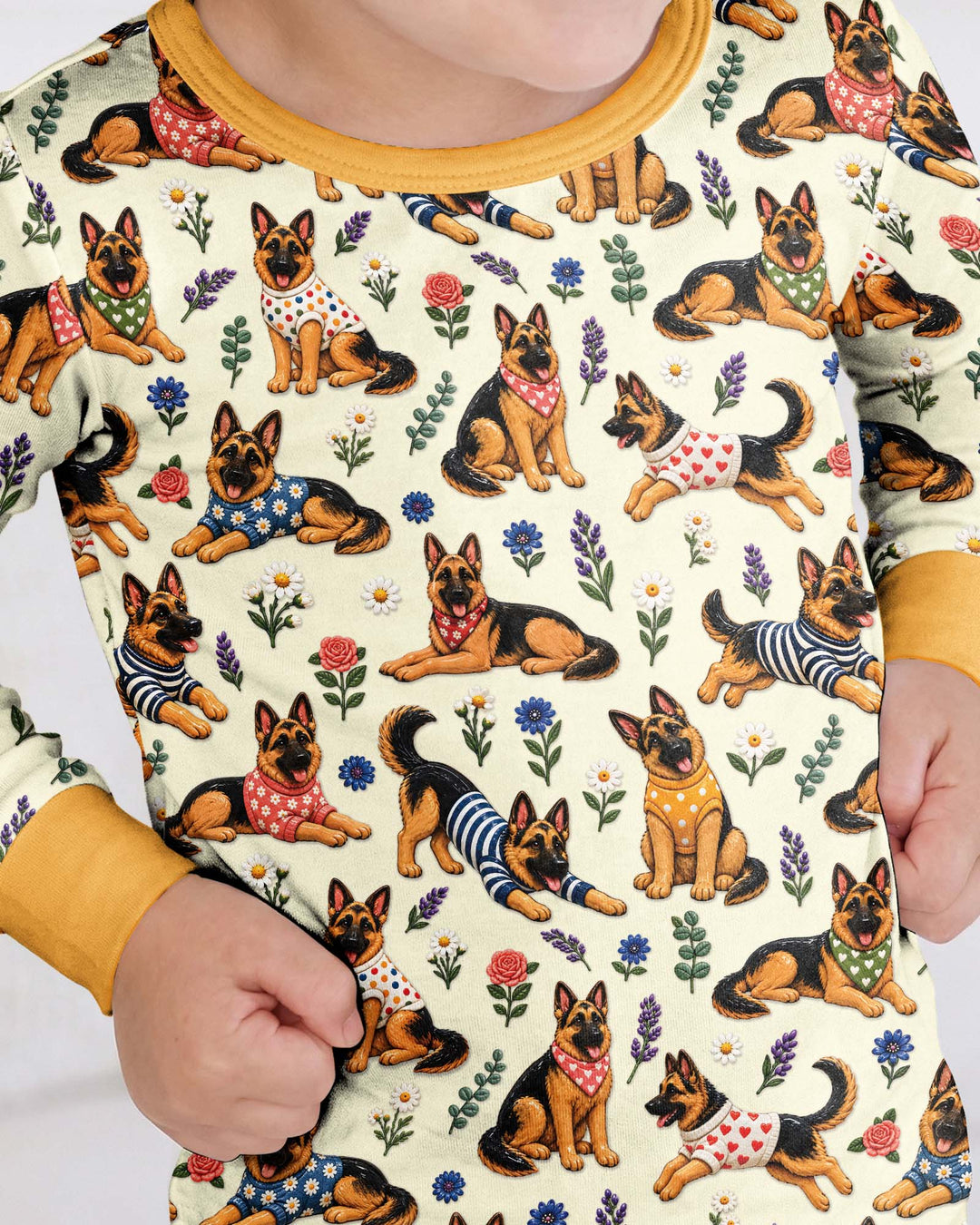 Floral German Shepherds Bamboo Two Piece Long Sleeve Pajama Set