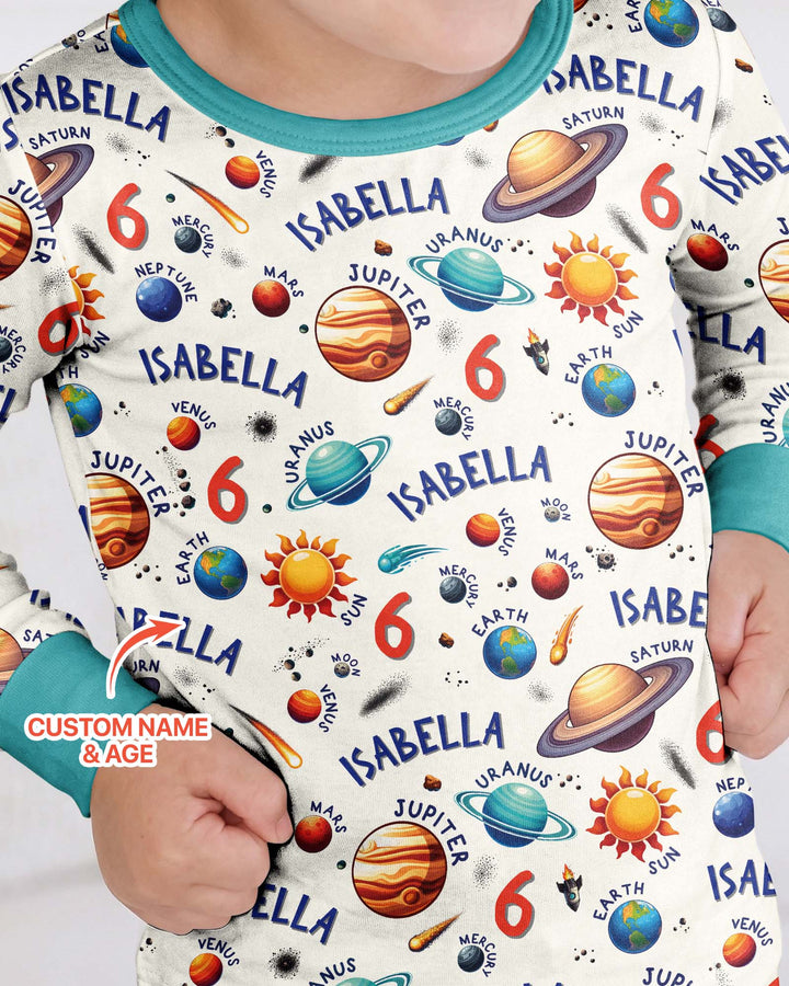 Personalized Birthday Solar System Bamboo Two Piece Long Sleeve Pajama Set