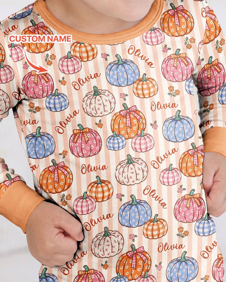 Custom Name Pumpkin Patch Bamboo Two Piece Long Sleeve Pajama Set